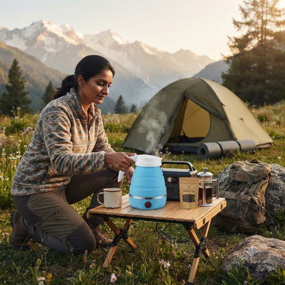 Blue electric foldable kettle in use outdoors at a campsite, connected to a portable power station near a tent