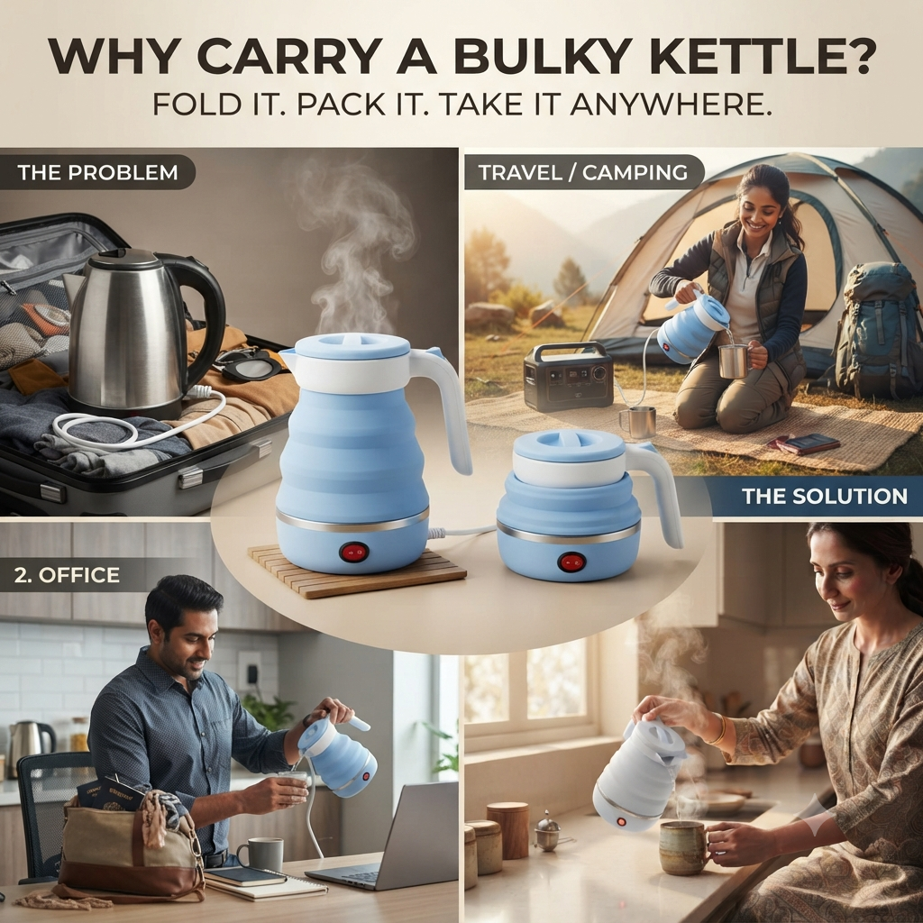 Blue foldable kettle space-saving comparison across travel, office and kitchen use