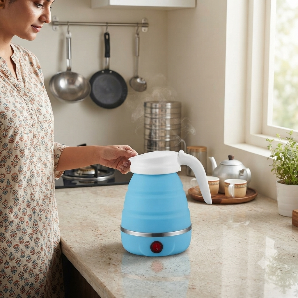 Blue electric foldable kettle on a home kitchen counter with a woman reaching for its handle