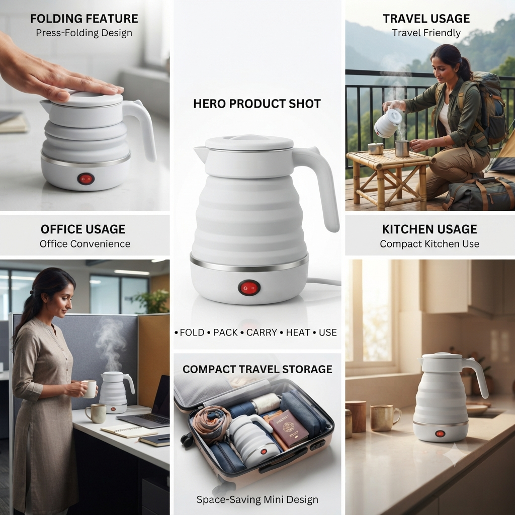 White foldable kettle folding feature, office, travel and kitchen use collage