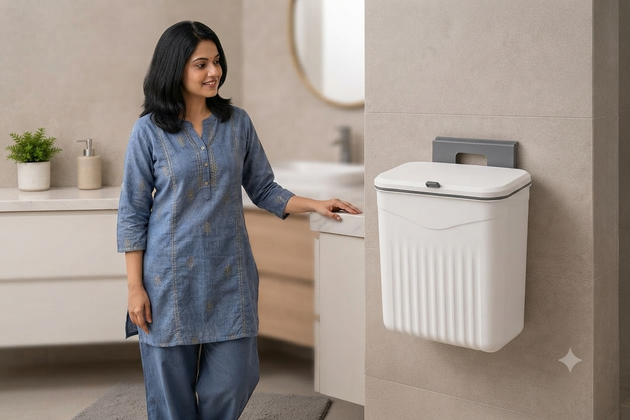 Wall mount dustbin mounted on wall, side angle view