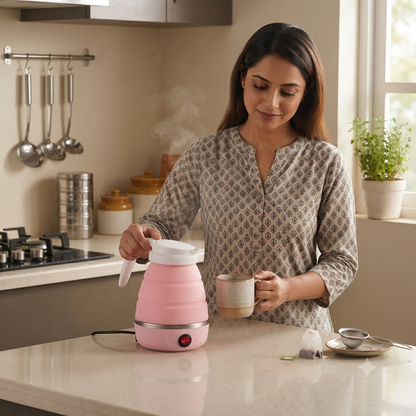 Pink electric foldable kettle in use in a kitchen