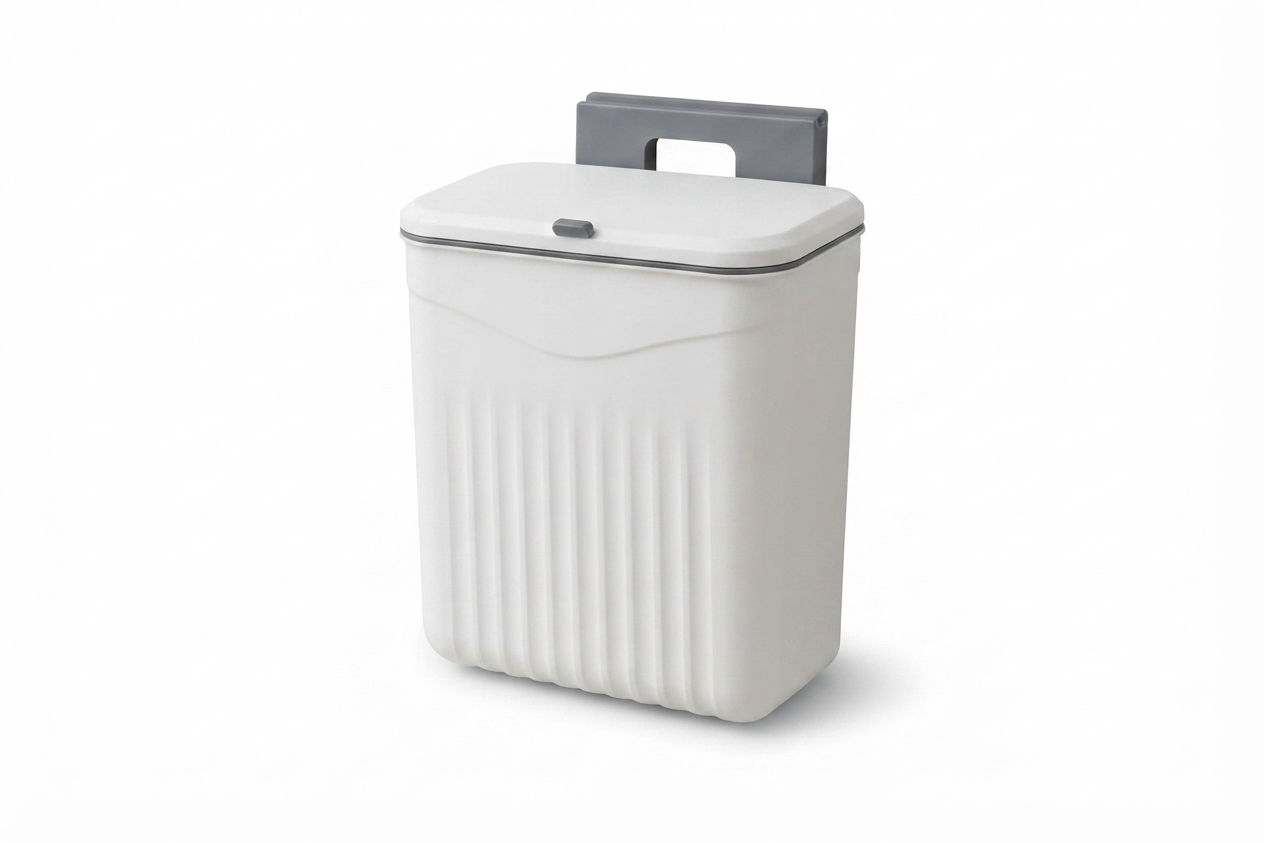 Wall mount dustbin with lid open, detail view