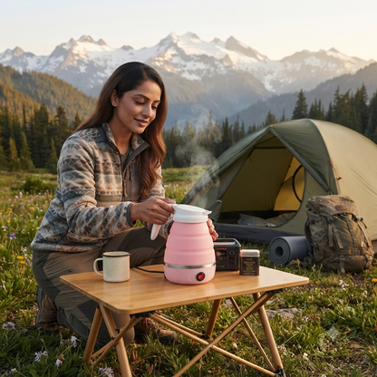 Pink electric foldable kettle in use outdoors at a campsite, connected to a portable power station near a tent