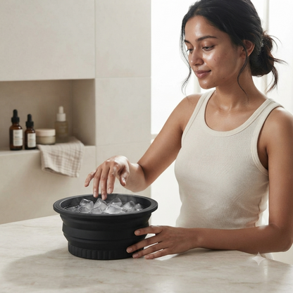 Woman dipping her fingers into the ice-filled silicone face bowl at a bathroom counter with skincare bottles in the background