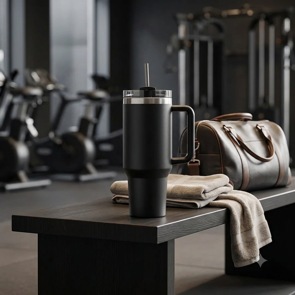 Black insulated tumbler on a gym bench with a towel and gym bag