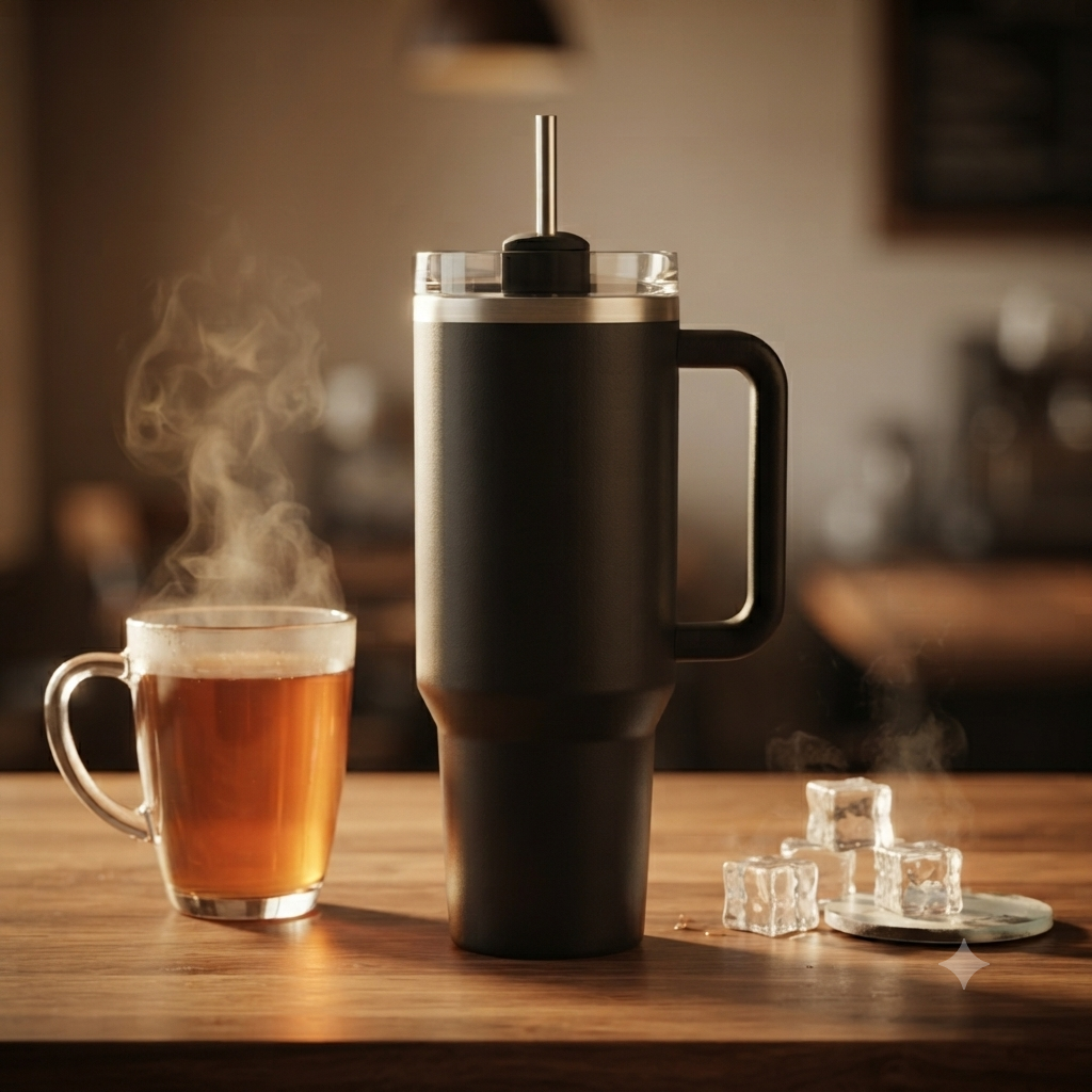 Black insulated tumbler with hot tea and ice cubes showing hot and cold beverage use