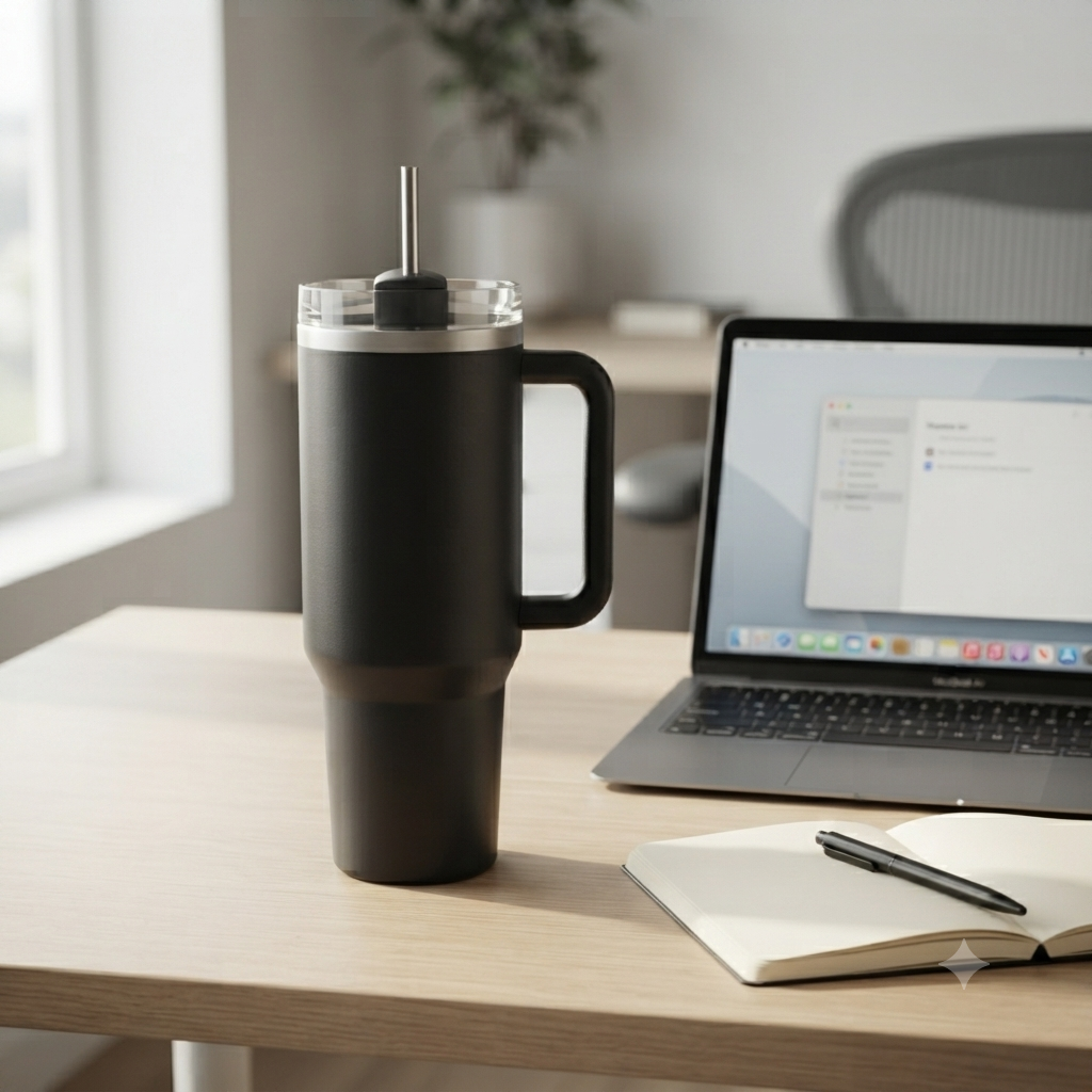 Black insulated tumbler on an office desk beside a laptop and notebook