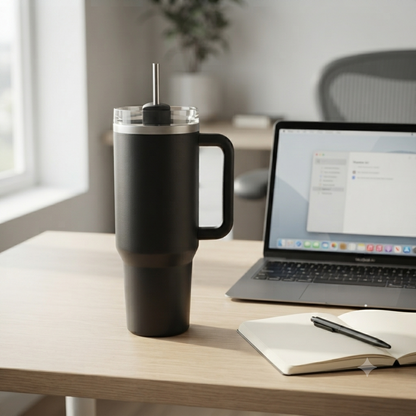 Black insulated tumbler on an office desk beside a laptop and notebook