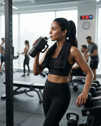 Woman drinking from a black insulated tumbler with straw during a gym workout