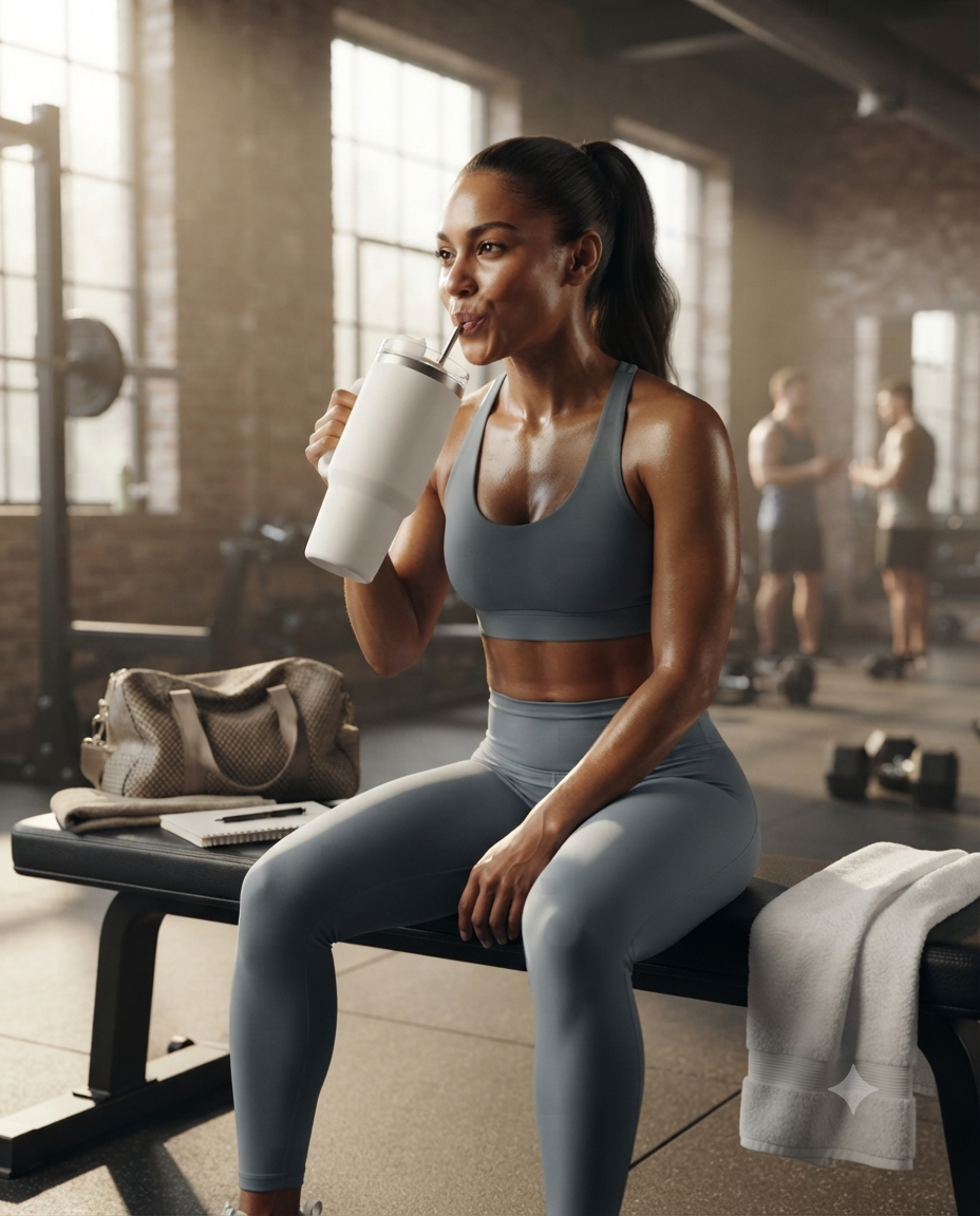Woman drinking from a white insulated tumbler with straw at the gym