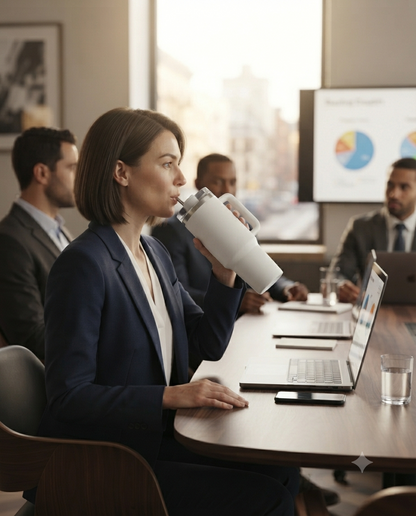 White insulated tumbler being used by a woman in an office meeting