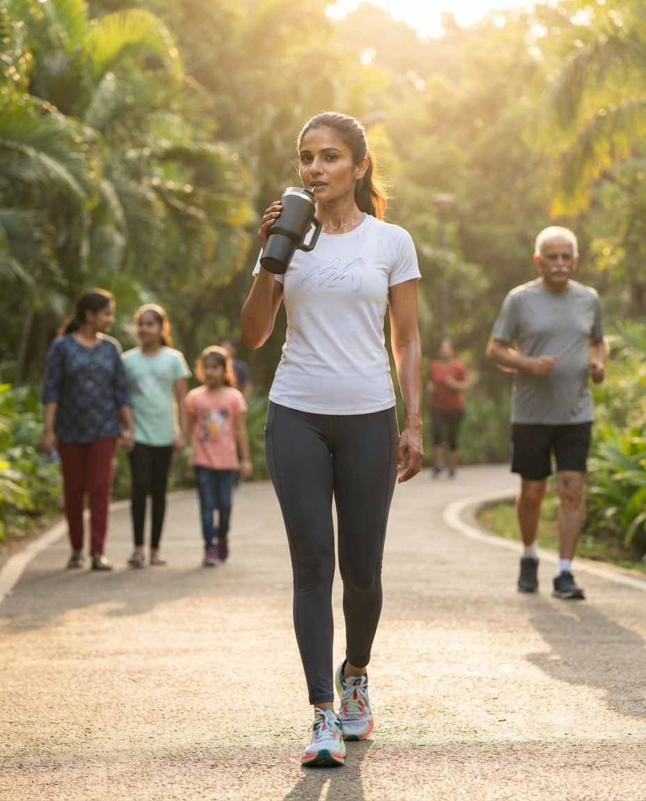 Woman holding a black insulated tumbler while walking outdoors in a park