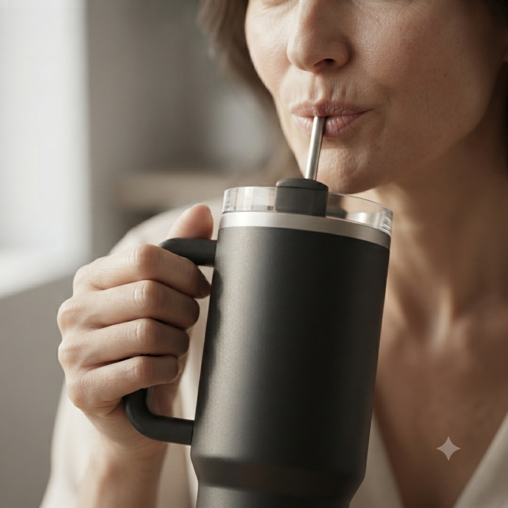 Woman drinking from a black insulated tumbler using the reusable straw