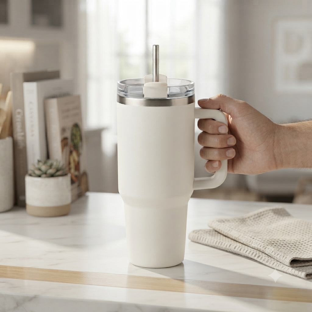 Close-up of a hand holding the ergonomic handle of a white insulated tumbler