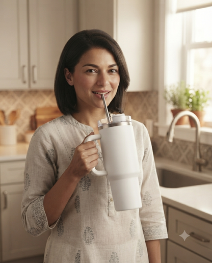 Woman holding a white insulated tumbler with straw in a home kitchen