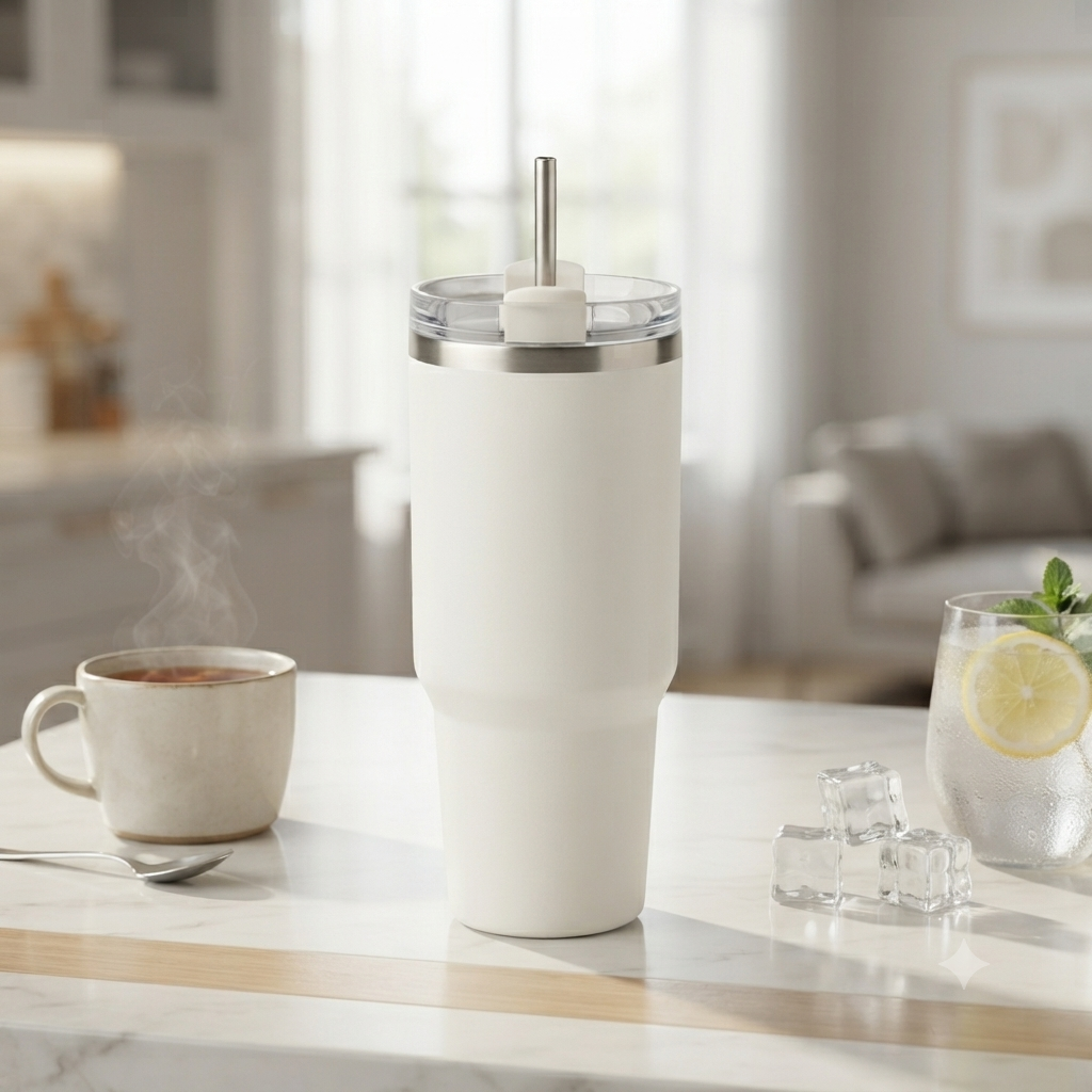 White insulated tumbler with hot tea and iced lemon water showing hot and cold beverage use