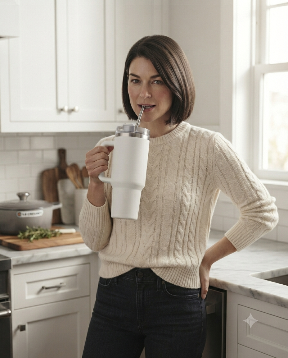 Woman drinking from a white insulated tumbler with straw in a home kitchen