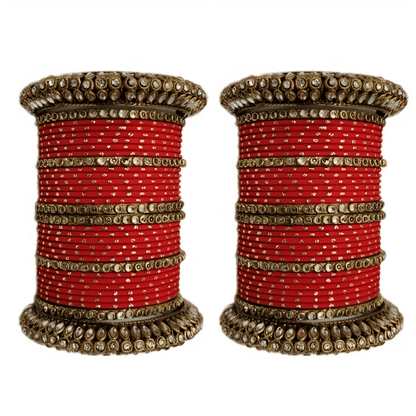 Pair of 2 Set Brass Stone Bangles with Golden Dots Matte Texture Metal Bangles"