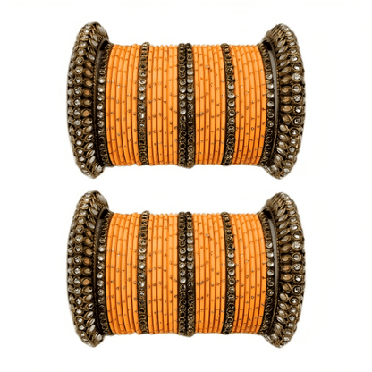 Pair of 2 Set Brass Stone Bangles with Golden Dots Matte Texture Metal Bangles"