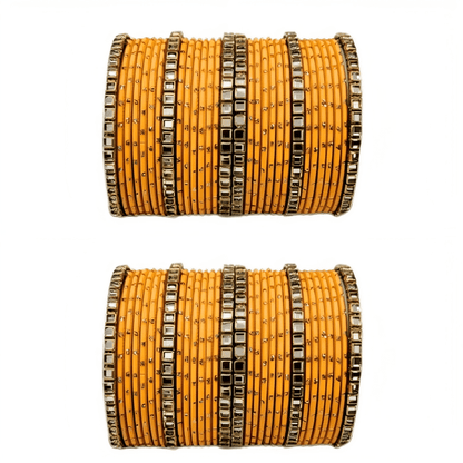 "Set of 2 Golden Dot Texture Metal Bangles Set with Brass Square Kundan Stones"