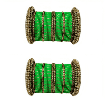 Pair of 2 Set Brass Stone Bangles with Golden Dots Matte Texture Metal Bangles"