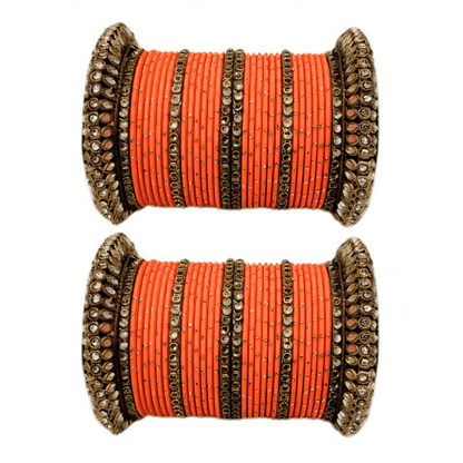 Pair of 2 Set Brass Stone Bangles with Golden Dots Matte Texture Metal Bangles"