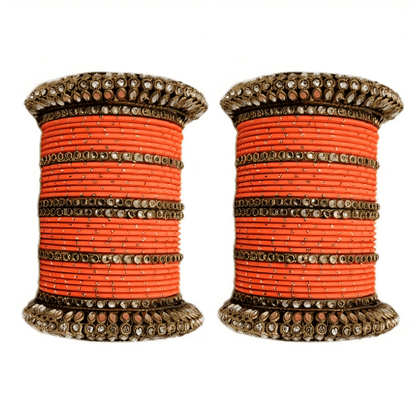 Pair of 2 Set Brass Stone Bangles with Golden Dots Matte Texture Metal Bangles"